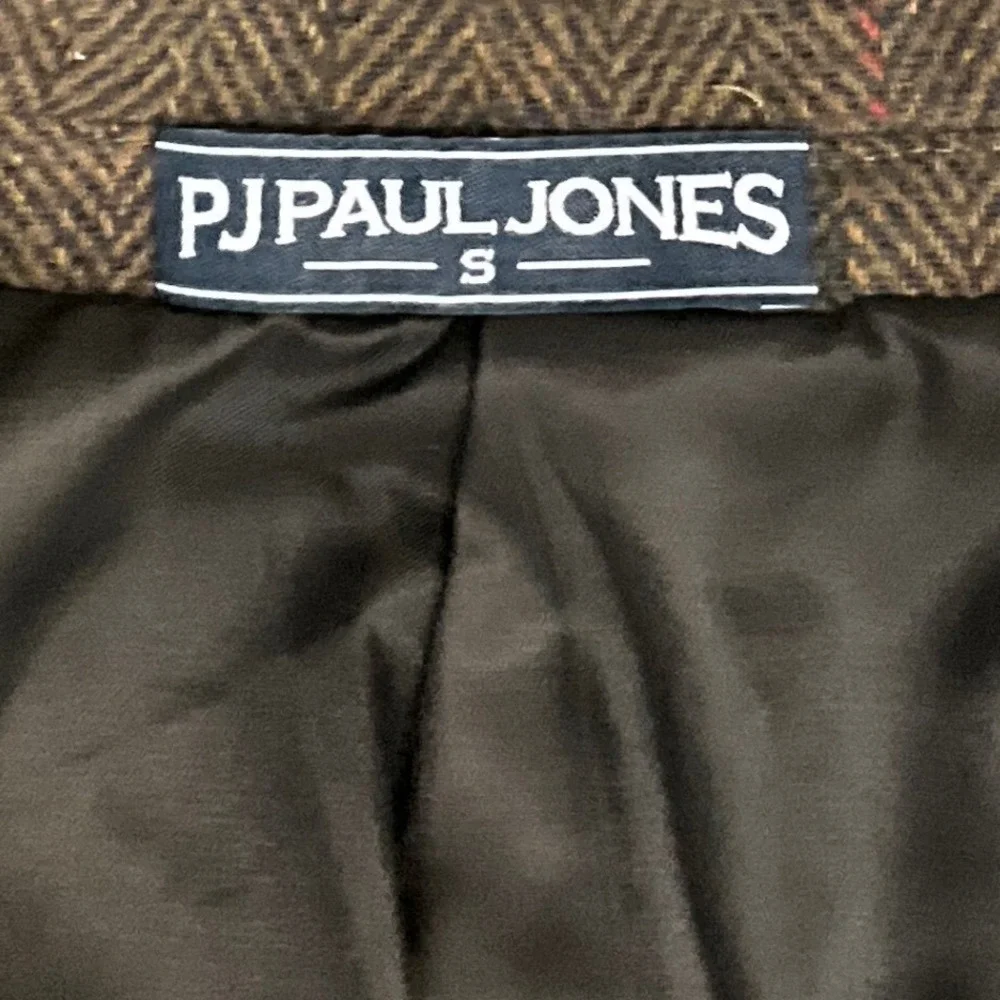 PJ Paul Jones Mens Tweed Plaid Wool Blend Blazer Elbow Patch Brown Size S Jacket